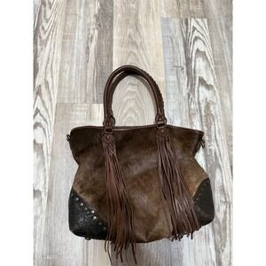 IDYLLWIND‎ Brown Leather Fringe Studded Hobo Shoulder Tote Bag